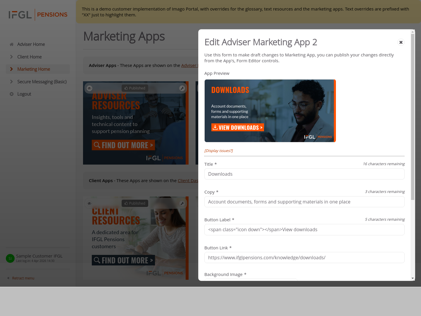 Customer-IFGL > 03 Marketing Dashboard > Edit Marketing Apps
